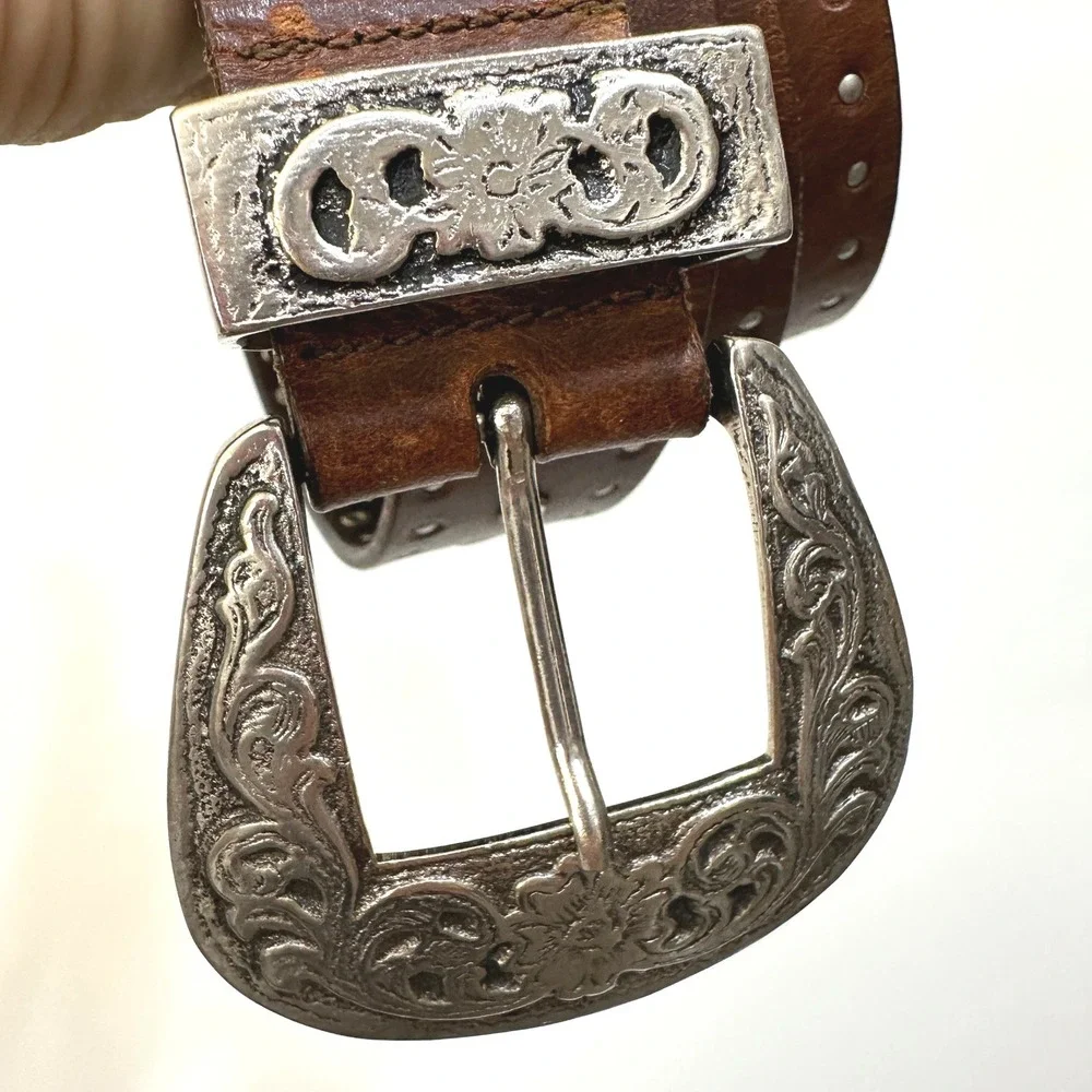 Y2K Genuine Leather Western Studded Belt L Brown Floral Engraved Buckle Cowgirl